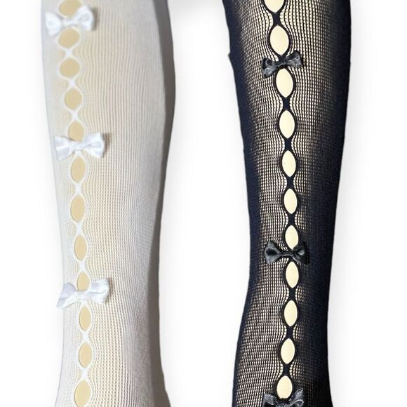 Black Cut Out Black Satin Bows Tights NEW - Picture 4 of 4